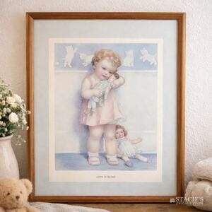 Vintage Framed Print Love Is Blind Children Dolls Illustration Nursery Art